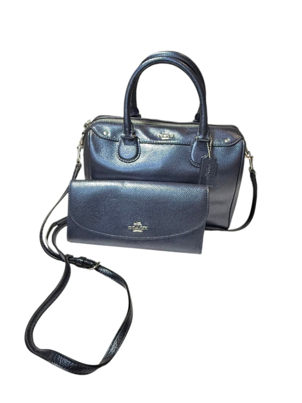 Coach Metallic Blue Rowan Satchel Bag wit Matching Wallet Set